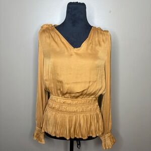 Philosophy Republic Clothing Mustard Gold Smocked Peplum Satin Blouse Womens M